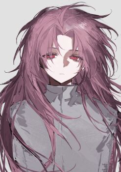 Rule 34 | 1boy, absurdres, closed mouth, curtained hair, eyelashes, eyes visible through hair, from behind, frown, grey background, grey jacket, hatsutori hajime, highres, jacket, latham (7189680211), long hair, looking at viewer, male focus, parted bangs, pink hair, red eyes, saibou shinkyoku, simple background, solo, tareme, upper body