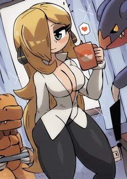Rule 34 | !, 1girl, absurdres, agumon, animal, black eyes, black pants, blonde hair, blush, breasts, claws, cleavage, collarbone, colored sclera, crossover, cup, curtains, cynthia (pokemon), digimon, digimon (creature), digimon adventure, dragon, electrical outlet, garchomp, gen 4 pokemon, hair ornament, heart, highres, holding, holding cup, holding tray, large breasts, lizard, long hair, long sleeves, looking at viewer, mug, nintendo, pants, poke ball symbol, pokemon, pokemon (creature), pokemon diamond/pearl/platinum, sharp teeth, shirt, smile, sparkle, speech bubble, spoken heart, standing, teeth, thick thighs, thighs, tony welt, tray, white shirt, wide hips, window, yellow sclera