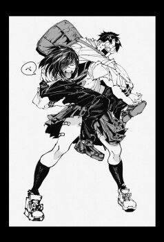 1boy 1girl bag bandaid_on_thigh black_border border carrying carrying_person hachinuki_tessei highres jimiko jitome long_legs mob_face moire open_mouth original pleated_skirt round_eyewear school_bag school_uniform serafuku she_(hachinuki_tetsuyo) shibamae_(hachinuki_tetsuyo) skirt socks tongue tongue_out white_background