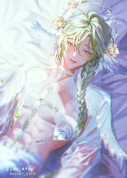 1boy abs androgynous angel_wings antenna_hair bare_pectorals bed_sheet belt bishounen blurry blurry_foreground braid braided_ponytail capelet chest_harness choker chromatic_aberration dated depth_of_field feathered_wings feathers flower gem green_eyes green_gemstone green_hair hair_between_eyes hair_flower hair_ornament hair_over_shoulder harness head_wings long_hair long_sleeves looking_at_viewer lying male_focus nu_carnival official_alternate_costume olivine_(nu_carnival) on_back on_bed owner_bird pants parted_lips pectorals pillow revealing_clothes see-through_capelet see-through_clothes see-through_sleeves single_braid solo twitter_username upper_body white_belt white_capelet white_choker white_pants white_wings wings yellow_flower