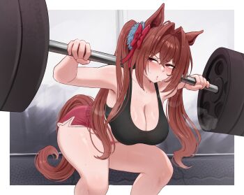1girl bare_shoulders bent_over black_sports_bra blush breasts breath brikot brown_eyes brown_hair cleavage commentary daiwa_scarlet_(umamusume) dolphin_shorts highres horse_girl horse_tail large_breasts red_shorts shorts solo sports_bra standing tail umamusume weights