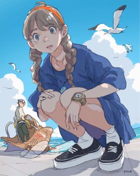 1boy 1girl bird black_shoes blue_dress blue_sky brown_eyes brown_hair cloud commentary cumulonimbus_cloud dress goggles goggles_on_headwear hairband hand_on_own_knee hashtag-only_commentary hat highres jewelry lips necklace ocean outdoors parted_lips pazu pomodorosa red_hairband seagull sheeta shoes sky socks squatting studio_ghibli tenkuu_no_shiro_laputa watch water white_nails white_socks wristwatch