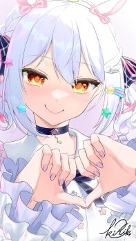 Rule 34 | 1boy, animal ear hairband, animal ears, blue hair, bow, commentary request, crossdressing, crossdressing (mtf), fake animal ears, fake horns, frilled sleeves, frills, hair bow, hair ornament, hairband, hairclip, heart, heart hands, highres, horn hairband, horns, inuyama tamaki, inuyama tamaki (10th costume), male focus, noripro, official alternate costume, signature, smile, solo, trap, unicorn horn, upper body, v kiri ko, virtual youtuber, yellow eyes