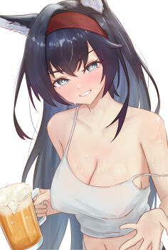 1girl animal_ears arknights beer_mug black_hair blaze_(arknights) breasts cat_ears chinese_commentary cleavage commentary_request cup hairband highres holding large_breasts long_hair looking_at_viewer mug red_hairband runyo_(yale12312) simple_background smile solo strap_slip textless_version white_background