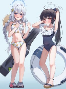 2girls absurdres back_hair bikini blue_archive blue_halo blue_one-piece_swimsuit braid breasts bright_pupils casual_one-piece_swimsuit cosplay costume_switch covered_navel crocs frilled_one-piece_swimsuit frills grey_hair grey_halo hair_between_eyes halo hat hat_on_back highres innertube leaf leaf_on_head leaf_print loli long_hair medium_breasts miyako_(blue_archive) miyako_(blue_archive)_(cosplay) miyako_(swimsuit)_(blue_archive) miyu_(blue_archive) miyu_(blue_archive)_(cosplay) miyu_(swimsuit)_(blue_archive) multiple_girls navel off-shoulder_one-piece_swimsuit off_shoulder one-piece_swimsuit ponytail print_bikini purple_eyes red_eyes sandals straw_hat swim_ring swimsuit twin_braids um_111 very_long_hair white_bikini white_pupils