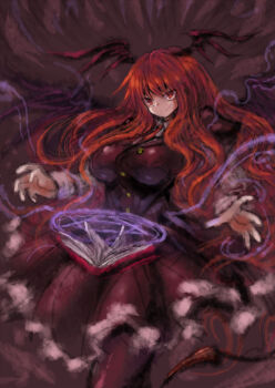 1girl 2b-ge black_dress black_pantyhose black_vest book breasts buttons chinese_commentary collared_shirt demon_girl demon_tail demon_wings dress fang fang_out frilled_dress frills grimoire head_wings highres koakuma large_breasts long_hair magic one-hour_drawing_challenge pantyhose red_eyes red_hair shirt smirk smug spell tail touhou vest white_shirt wings