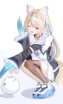 1girl animal_ear_fluff animal_ears bandaid bandaid_hair_ornament black_collar black_jacket blonde_hair blue_nails blue_streaks breasts claw_(weapon) collar commentary_request dog_ears dog_girl dog_tail dress fang fishnet_thighhighs fishnets fur-trimmed_jacket fur_trim fuwawa_abyssgard fuwawa_abyssgard_(1st_costume) hair_ornament hairpin highres hololive hololive_english jacket large_breasts long_hair looking_at_viewer nail_polish one_eye_closed perroccino_(fuwamoco) pink_eyes rabi_(labiiiiiiii1213) shoes single_fishnet_legwear skin_fang solo spiked_collar spikes tail thighhighs very_long_hair virtual_youtuber weapon white_background white_dress white_shoes