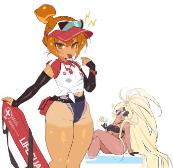 2girls :d alternate_costume arm_support bare_arms bare_legs bare_shoulders belt bikini black-framed_eyewear black_belt black_gloves blonde_hair blowing_whistle bracelet breasts brown_bikini cookie_run cookie_run:_ovenbreak croissant_cookie crossed_legs cup dark-skinned_female dark_skin dual_persona elbow_gloves feet_out_of_frame fingerless_gloves food food-themed_hair fruit glass gloves goggles goggles_on_headwear gold_bracelet hair_bun half_gloves halterneck hand_up hat high_ponytail highleg highleg_one-piece_swimsuit highres holding holding_cup humanization jewelry lanyard large_breasts lemon lemon_slice long_hair looking_at_viewer mouth_hold multiple_girls ohta_guk_hip one-piece_swimsuit open_mouth orange_eyes orange_hair parted_bangs pear-shaped_figure ponytail protected_link raglan_sleeves red_bag red_hat red_shirt shirt short_hair short_sleeves single_hair_bun sitting small_breasts smile standing sunglasses sweat swimsuit tan tanline timekeeper_cookie two-tone_shirt very_long_hair visor_cap water whistle white-framed_eyewear white_shirt wide_hips