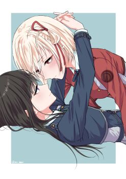 2girls arms_around_neck black_hair blonde_hair blue_background blue_dress blush border chorisow_(delta_chord) closed_mouth dress hair_ribbon highres inoue_takina lycoris_recoil lycoris_uniform multiple_girls nishikigi_chisato purple_eyes red_dress red_eyes red_ribbon ribbon short_hair smile white_border yuri