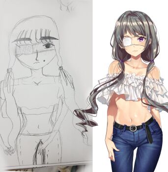 1girl bad_id bad_pixiv_id bare_shoulders belt black_belt blue_pants collarbone cowboy_shot crop_top derivative_work eyepatch frilled_shirt frills grey_hair hair_over_shoulder highres long_hair midriff minmang_bokjang mole mole_above_mouth navel off-shoulder_shirt off_shoulder original pants photo_inset purple_eyes reference_work shirt solo very_long_hair white_background