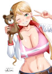 Rule 34 | 1girl, absurdres, belt, blonde hair, blue shorts, blush, breasts, brown belt, cleavage, collarbone, commentary request, cowboy shot, cropped jacket, dated, denim, denim shorts, doll, earrings, fingernails, gekisum, green eyes, grin, groin, gundam, gundam tekketsu no orphans, hair between eyes, heart, heart earrings, highres, holding, holding doll, jacket, jewelry, lafter frankland, large breasts, long fingernails, long hair, long sleeves, looking at viewer, midriff, nail polish, navel, one eye closed, open clothes, open jacket, pink nails, pink sports bra, short shorts, shorts, sidelocks, signature, simple background, smile, solo, sports bra, standing, stuffed animal, stuffed toy, swept bangs, taut clothes, teddy bear, teeth, twintails, v, white background, white jacket