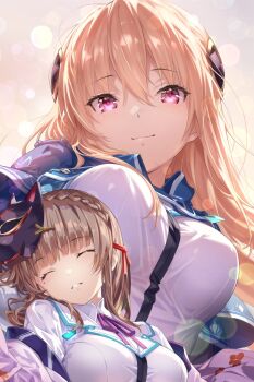 2girls blonde_hair braid breasts brown_hair closed_eyes commentary_request fox_mask hair_ornament hair_ribbon heaven_burns_red highres japanese_clothes kimono kiryuu_miya long_hair mask mask_on_head medium_breasts multiple_girls netarou_(shinra) red_eyes ribbon school_uniform shirakawa_yuina smile