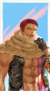 Rule 34 | 1boy, abs, black gloves, bracelet, charlotte katakuri, chest tattoo, commentary request, gloves, highres, jewelry, leather, leather vest, looking to the side, male focus, one piece, pink hair, scar, sharp teeth, shiraumi8351, short hair, solo, spiked bracelet, spikes, tattoo, teeth, v-shaped eyebrows, vest