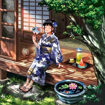 1girl animated animated_gif arm_support benihaa black_hair closed_eyes closed_mouth fanning_self floral_print floral_print_kimono flower food fruit hair_bun hair_flower hair_ornament iced_tea japanese_clothes koi looping_animation lotus original print_kimono sandals short_hair sitting solo summer tree watermelon watermelon_slice