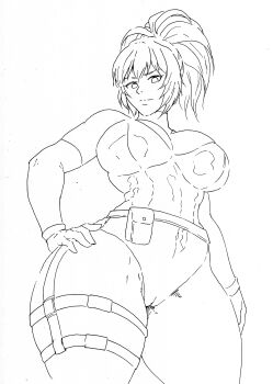 1girl bodysuit breasts cameltoe curvy female_focus gloves huge_breasts juliole35301969 large_breasts leona_heidern long_hair looking_at_viewer ponytail pussy standing the_king_of_fighters thick_thighs thighs tight_clothes wide_hips