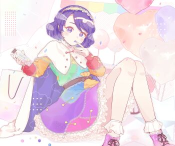 1girl bag balloon bare_legs belt belt_pouch boots brown_belt candy cape cloud_print collared_cape commentary dress food frilled_dress frilled_hairband frilled_socks frills hair_ornament hairband hairpin hands_up heart_balloon highres konpeitou lace lace-trimmed_boots lace-trimmed_cape lace-trimmed_collar lace-trimmed_dress lace-trimmed_sleeves lace-up_boots lace_trim long_sleeves looking_at_viewer motsi_x multicolored_dress multicolored_hairband multiple_hairpins patchwork_clothes petticoat pouch puffy_long_sleeves puffy_sleeves purple_eyes purple_hair rainbow_order shopping_bag short_hair sitting socks solo swept_bangs tenkyuu_chimata touhou two-sided_cape two-sided_fabric white_socks zipper_pull_tab