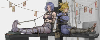 2girls absurdres after_fellatio aftersex arms_behind_back arms_up bad_id bad_pixiv_id bare_shoulders bdsm between_breasts between_legs between_thighs black_bra black_pantyhose blonde_hair blue_dress blue_hair blush bomber_jacket bondage boruto:_naruto_next_generations bound bound_arms bound_breasts bound_legs bound_toes bound_torso bra breasts brown_eyes bruise cleavage crotch_rope cuffs cum cum_on_body cum_on_hair cum_on_upper_body dress embarrassed face_piercing facial female_focus flower full_body gdhs green_eyes grey_background hair_flower hair_ornament highres huge_filesize injury jacket japanese_clothes jewelry kidnapped kimono konan_(naruto) kunai large_breasts lip_piercing long_sleeves looking_ahead looking_at_viewer looking_down looking_to_the_side medium_breasts medium_hair multiple_girls naruto_(series) naruto_shippuuden necklace ninja open_mouth pantyhose perky_breasts piercing predicament_bondage pubic_hair_on_face purple_hair purple_pantyhose pussy_juice restrained rope scratches shackles shibari shibari_over_clothes short_hair sidelocks simple_background skin_tight skindentation soles stray_pubic_hair sweat sweatdrop swept_bangs talisman taped_hands teeth temari_(naruto) tiger_bench toes tongue tongue_out tongue_piercing torture underwear weapon white_background
