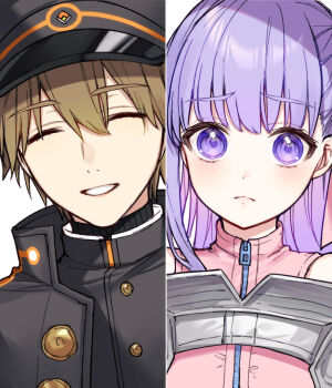 1boy 1girl bb_(fate) bb_cosmo_(fate) black_hat black_jacket black_shirt brown_hair buttons closed_eyes closed_mouth fate/grand_order fate_(series) hair_between_eyes hat jacket jumpsuit karokuchitose kishinami_hakuno_(male) kishinami_hakuno_(male)_(mooncancer) light_blush long_hair looking_at_another pink_jumpsuit portrait purple_eyes purple_hair shirt simple_background smile split_screen turtleneck white_background zipper zipper_pull_tab