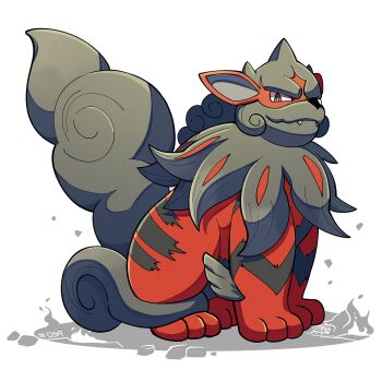 Rule 34 | fangs, grey fur, hisuian arcanine, looking at viewer, mistray-art, nintendo, no humans, numbered, pokemon, pokemon (creature), red fur, signature, simple background, solo, tail, two-tone fur, white background