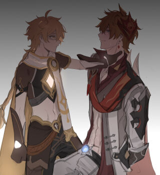 2boys absurdres aether_(genshin_impact) asphyxiation black_gloves blonde_hair blue_eyes braid brown_gloves choke_hold closed_mouth earrings eye_contact from_side genshin_impact gloves gradient_background grey_background hair_between_eyes haze_(ha_ze) height_difference highres jacket jewelry long_hair looking_at_another male_focus mask mask_on_head multiple_boys neck_hold pants parted_lips profile red_scarf scarf shaded_face simple_background single_braid single_earring strangling sweat tartaglia_(genshin_impact) very_long_hair vision_(genshin_impact) yellow_eyes