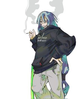 Rule 34 | alternate costume, black hoodie, blue hair, cigarette, commentary, english commentary, feet out of frame, hand on own hip, highres, holding, holding cigarette, hood, hoodie, jujutsu kaisen, long hair, low-tied long hair, mahito (jujutsu kaisen), ohmeiios, pants, simple background, smoke, smoking, stitched face, stitches, sweatpants, very long hair, white background