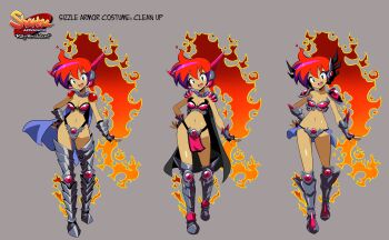 1girl absurdres alternate_costume armor bare_legs belt bikini_armor blue_eyes boots bra breasts cape cleavage concept_art curvy dark_skin fiery_hair fire full_body gauntlets gem genie gradient_hair grey_background health_bar heart highres jewelry large_breasts logo long_hair looking_at_viewer multicolored_hair navel official_alternate_costume official_art open_hands open_mouth pointy_ears promotional_art purple_hair red_hair reference_sheet revealing_clothes sakurajyousui_nami shantae shantae_(series) shantae_(sizzle_armor) shantae_advance:_risky_revolution shiny_skin shoulder_armor smile teeth underwear very_long_hair wayforward wide_hips