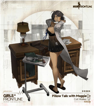 1girl babydoll from_behind bahao_diqiu black_choker black_hair black_nails black_panties black_ribbon breasts choker clipboard colt_walker colt_walker_(girls'_frontline) colt_walker_(pillow_talk_with_maggie)_(girls'_frontline) cup dark-skinned_female dark_skin desk drawer earrings eyebrows_hidden_by_hair girls'_frontline green_eyes grin highres holding holding_clipboard id_card jewelry lab_coat lace lace_choker lace_trim lamp lanyard large_breasts looking_at_viewer medium_hair necklace necklace_between_breasts official_alternate_costume official_art panties paper pen ribbon scalpel slippers smile standing stethoscope stud_earrings tools towel tray tsurime tying_hair underwear wooden_desk