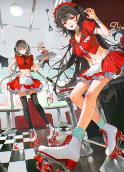 2girls absurdres apron aqua_socks bandaid bandaid_on_knee bandaid_on_leg bandaid_on_wrist bar_stool black_hair black_necktie black_thighhighs blood blood_splatter blunt_bangs booth_seating braid breasts ceiling_light choker cleavage commentary cross crucifix demon_girl demon_tail demon_wings diner english_commentary fangs fingernails frilled_shirt frills grey_choker grey_hair hair_over_one_eye highres knife long_hair looking_at_viewer low_twin_braids medium_breasts midriff multiple_girls navel necktie needle original pointy_ears red_eyes red_nails red_shirt red_skirt restaurant roller_skates sharp_fingernails shirt sidelocks sitting skates skirt socks standing stool sweatdrop tail thigh_strap thighhighs twin_braids very_long_hair waist_apron waitress white_apron white_footwear wings ye_jji