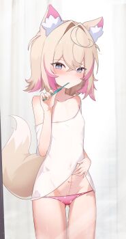 Rule 34 | 1girl, absurdres, ahoge, animal ear fluff, animal ears, bare shoulders, blue eyes, body writing, breasts, collarbone, commentary, covered navel, dog ears, dog girl, dog tail, hair intakes, highres, holding, holding toothbrush, hololive, length markings, looking at viewer, measuring, mococo abyssgard, multicolored hair, newjeffy7210, nipples, off-shoulder shirt, off shoulder, panties, penis measuring, pink hair, pink panties, polka dot, polka dot panties, see-through clothes, shirt, small breasts, solo, tail, thighs, toothbrush, toothbrush in mouth, underwear, virtual youtuber, white shirt