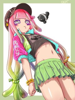 1girl alternate_costume baseball_cap black_hat black_shirt blue_jacket border bracelet brown_hair closed_mouth colored_eyelashes commentary_request crop_top cropped_jacket drooling expressionless fish flat_chest gradient_hair green_border green_eyes green_hair green_jacket green_skirt hair_ornament hair_scrunchie harmony&#039;s_clownfish_(splatoon) harmony_(splatoon) hat highres jacket jewelry long_hair looking_at_viewer low-tied_long_hair midriff miniskirt multicolored_eyes multicolored_hair multicolored_jacket multicolored_scrunchie navel nintendo pink_hair pink_jacket pleated_skirt print_shirt purple_eyes purple_hair purple_pupils scrunchie shirt sidelocks skirt splatoon_(series) t2ukmyjm tentacle_hair two-tone_eyes very_long_hair white_background