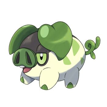 Rule 34 | calwakerz, commentary, english commentary, fakemon, grass type theme (pokemon), green eyes, green tail, highres, nintendo, no humans, open mouth, original, pig, pokemon, pokemon (creature), solo, sugimori ken (style), teeth, upper teeth only