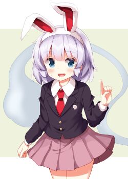 Rule 34 | 1girl, animal ear hairband, animal ears, black jacket, blue eyes, blush, collared shirt, commentary request, cosplay, cowboy shot, fake animal ears, green background, grey hair, hairband, hand up, highres, index finger raised, jacket, konpaku youmu, konpaku youmu (ghost), long sleeves, miniskirt, necktie, open mouth, pink skirt, pleated skirt, rabbit ear hairband, rabbit ears, red necktie, reisen udongein inaba, reisen udongein inaba (cosplay), ruu (tksymkw), shirt, short hair, skirt, solo, sweat, touhou, white hairband, white shirt