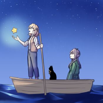 Rule 34 | 2girls, :d, alternate costume, black cat, black pants, blue sky, boat, brown vest, cat, collared shirt, commentary request, fortune movie (love live!), green jacket, green necktie, hair ornament, hinoshita kaho, holding, holding oar, jacket, link! like! love live!, long hair, long sleeves, looking ahead, looking at another, love live!, medium hair, multiple girls, necktie, night, oar, object floating above hand, official alternate costume, on boat, open clothes, open mouth, open vest, orange hair, otomune kozue, outdoors, pants, potatopenggu, profile, purple hair, rabbit hair ornament, shirt, side ponytail, sidelocks, sitting, sky, smile, square-end necktie, standing, star (sky), star (symbol), starry sky, striped necktie, two side up, vest, virtual youtuber, watercraft, white shirt