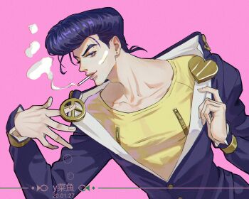 1boy 2020 anchor_symbol bandaid bandaid_on_face blue_eyes cigarette dated diamond_wa_kudakenai earrings gakuran higashikata_josuke highres jewelry jojo_no_kimyou_na_bouken long_sleeves looking_at_viewer male_focus mouth_hold open_clothes peace_symbol pink_background pompadour purple_hair school_uniform smile smoke smoking solo y06407694