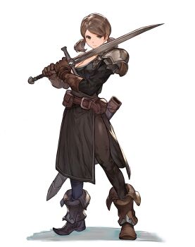 1girl armor belt belt_pouch black_belt black_dress boots breasts brown_boots brown_gloves brown_hair brown_pantyhose closed_mouth commentary dojen dress elbow_gloves fold-over_boots full_body gloves green_eyes highres holding holding_sword holding_weapon leather_belt looking_at_viewer low_twintails medium_breasts original pantyhose pauldrons pouch sheath shoulder_armor side_slit simple_background single_pauldron solo standing sword twintails weapon white_background