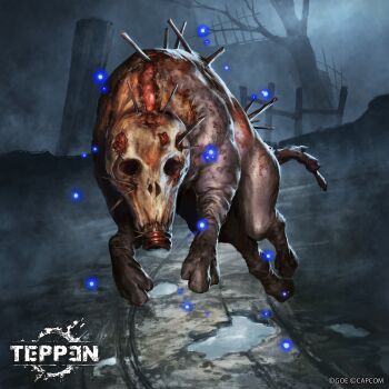 all_fours blood capcom dead_tree fence fog highres horror_(theme) injury jun_ishimaru monster monster_focus nail_(hardware) night no_humans official_art orthrus_(resident_evil) puddle resident_evil resident_evil:_revelations_2 running tail teppen tree undead water