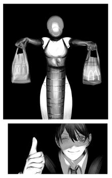 1boy 1girl apron bag bomb_devil_(chainsaw_man) breasts chainsaw_man closed_mouth cornb2222 dynamite elbow_gloves explosive gloves greyscale hair_between_eyes hayakawa_aki highres holding holding_bag mcdonald&#039;s monochrome one_eye_closed panties plastic_bag small_breasts smile thumbs_up underwear