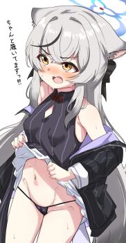 1girl animal_ears black_dress blue_archive blue_halo blush china_dress chinese_clothes clothes_lift diamond_cutout dress flashing g-string grey_hair halo highres jacket kokona_(blue_archive) lifting_own_clothes loli machismo_fuji multicolored_hair pelvic_curtain skirt skirt_lift streaked_hair striped_clothes striped_dress striped_jacket thong tiger_ears tiger_girl vertical-striped_clothes vertical-striped_dress vertical-striped_jacket