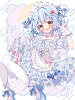 Rule 34 | 1girl, :d, ahoge, apron, blue bow, blue dress, blue hair, blunt bangs, blush, bow, choker, commission, dress, flower, frilled dress, frills, full body, hair between eyes, hair bow, hair ornament, hand up, head tilt, heart, high heels, highres, looking at viewer, maid headdress, medium hair, open mouth, original, puffy short sleeves, puffy sleeves, puu (kari---ume), ribbon, shoes, short sleeves, simple background, skeb commission, smile, solo, striped clothes, striped thighhighs, thighhighs, white thighhighs, wings, wrist cuffs, x hair ornament, yellow eyes