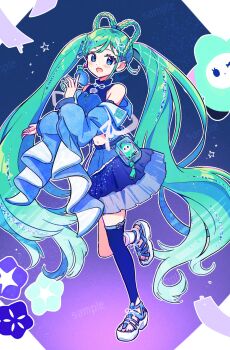 1girl aoiyui aqua_hair aqua_nails asymmetrical_legwear blue_eyes blue_jacket blue_skirt blue_thighhighs blush braid braided_hair_rings crop_top earrings hair_ornament hair_rings hatsune_miku heart heart_earrings highres holding holding_microphone jacket jewelry long_hair magical_mirai_(vocaloid) magical_mirai_miku magical_mirai_miku_(2025) microphone midriff navel official_alternate_costume official_alternate_hairstyle open_clothes open_jacket open_mouth sandals shirt single_thighhigh skirt sleeveless sleeveless_shirt smile solo star_(symbol) star_hair_ornament stomach thighhighs twintails very_long_hair vocaloid