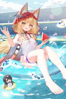2girls absurdres animal_ear_fluff animal_ears arknights arknights:_endfield barefoot blonde_hair cape chinese_commentary commentary_request ears_through_headwear endministrator_(arknights) female_endministrator_(arknights) food fruit gugugaga_(meme) hand_up highres holding holding_food holding_fruit hood hood_up hooded_cape innertube long_hair looking_at_viewer meme multiple_girls on_water one-piece_swimsuit open_mouth red_cape rossi_(arknights) swim_ring swimsuit tail thigh_strap toes watermelon watermelon_slice white_one-piece_swimsuit wolf_ears wolf_girl wolf_tail yellow_eyes zayur