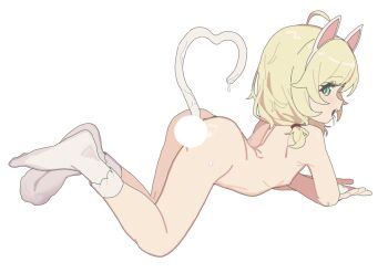 1girl ahoge all_fours animal_ear_hairband animal_ears ankle_socks ass blonde_hair cat_ear_hairband cat_ears cat_tail censored fake_animal_ears feet flat_chest green_eyes hair_tie hairband highres idolmaster idolmaster_cinderella_girls kan_ppang loli looking_at_viewer low_twintails nude sideways_glance socks solo tail twintails white_background white_socks yusa_kozue