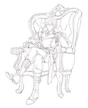 1boy book boots chair closed_mouth code_vein grey_background hair_over_one_eye crossed_legs lineart loladestiny male_focus necktie open_book resting simple_background sitting sketch solo