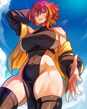 1girl absurdres arm_behind_head bare_shoulders beckoning black_dress black_jacket black_thighhighs blonde_hair blue_sky breasts cloud commentary commission dress from_below grin groin hair_between_eyes highres huge_breasts jacket lens_flare light_blush long_sleeves looking_at_viewer medium_hair multicolored_hair multicolored_jacket offering_hand open_clothes open_hand open_jacket original outdoors pelvic_curtain purple_hair reaching reaching_towards_viewer red_eyes red_hair sideboob single_off_shoulder sky sleeveless sleeveless_dress smile solo spanish_commentary thighhighs thighs toned toned_female two-sided_fabric two-sided_jacket two-tone_jacket vlizz yellow_jacket
