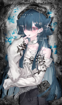 1girl absurdres bag belt black_nails black_skirt blue_hair bug butterfly collarbone commission ear_piercing earrings english_text fashion hair_ornament hair_over_one_eye hairclip highres insect jewelry long_hair long_sleeves looking_at_viewer mihuashi_commission nail_polish nnk_(nongnong) original piercing ring shirt shuangyaji skirt sleeves_past_wrists solo tattoo too_many_watermarks very_long_hair vivienne_westwood watermark white_shirt yabi_fashion