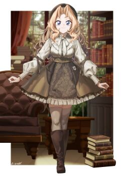 1girl alternate_costume blonde_hair blue_eyes book book_stack bookshelf boots commentary_request frilled_skirt frills full_body girls_und_panzer hat high-waist_skirt highres indoors kay_(girls_und_panzer) liberta815 long_hair looking_at_viewer skirt smile solo thighhighs wavy_hair zettai_ryouiki