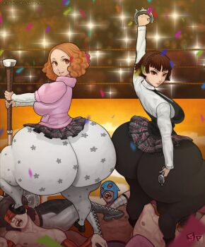 2girls 3boys absurdres arm_up ass ass-to-ass axe brass_knuckles breasts curvy female_focus full_body highres huge_ass large_breasts leggings looking_at_viewer miniskirt multiple_boys multiple_girls niijima_makoto okumura_haru persona persona_5 red_eyes short_hair skin_tight skirt stardustpapi thick_thighs thighs weapon wide_hips