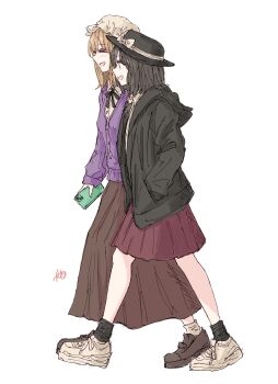 Rule 34 | 2girls, ^ ^, absurdres, black hair, black hat, black hoodie, black socks, blonde hair, brown skirt, cardigan, cellphone, closed eyes, commentary, contemporary, from side, hand in pocket, hat, highres, holding, holding phone, hood, hoodie, kashiwada kiiho, loafers, maribel hearn, mob cap, multiple girls, open mouth, phone, purple cardigan, red skirt, shirt, shoes, signature, skirt, smartphone, sneakers, socks, symbol-only commentary, touhou, usami renko, walking, white hat, white shirt, white socks