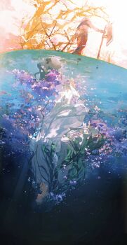 1boy 1other absurdres barefoot branch chinese_commentary commentary_request enkidu_(fate) fate/grand_order fate_(series) flower genren_jiu_qu gilgamesh_(fate) green_hair highres long_hair other_focus outdoors pink_flower planted planted_sword planted_weapon reflection reflective_liquid robe sword tree underwater very_long_hair weapon white_robe