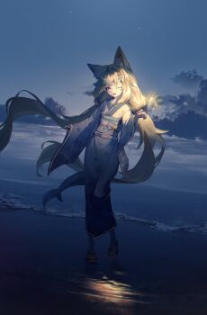 Rule 34 | 1girl, ;d, absurdres, ahoge, alternate costume, animal ears, beach, blonde hair, blue eyes, blue hair, blue streaks, cat ears, commentary, fins, fish girl, fish tail, floating hair, full body, highres, holding, holding fireworks, indie virtual youtuber, japanese clothes, kimono, lazyfox, long hair, looking at viewer, low twintails, multicolored hair, night, one eye closed, open mouth, outdoors, sameko saba, sandals, smile, solo, standing, streaked hair, tail, twintails, very long hair, virtual youtuber, white streaks, wide sleeves, zouri
